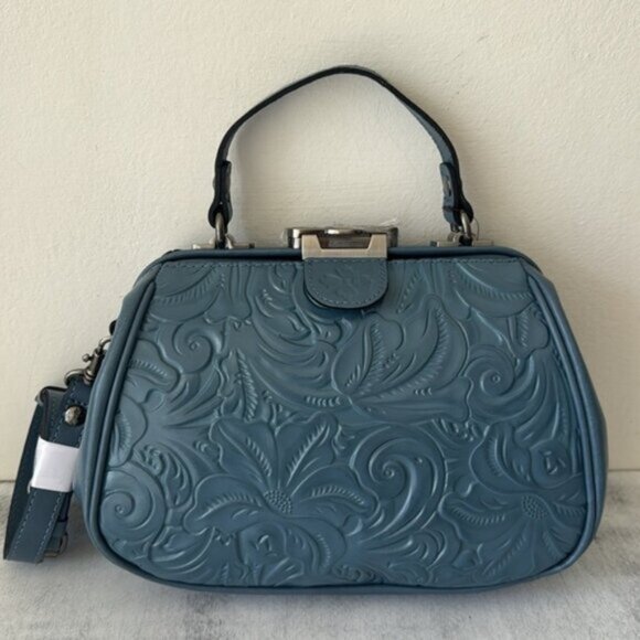 Patricia Nash Gracchi Frame Leather Handbag Crossbody BRNTL Tooled Mirage Blue - Picture 2 of 10